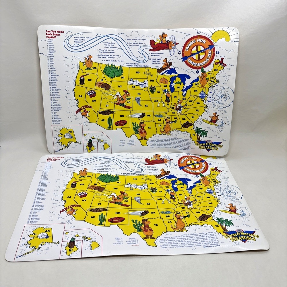 Kraft Cheese & Macaroni Treasures 2 Placemat Travels W/ Cheesasaurus Rex US Map